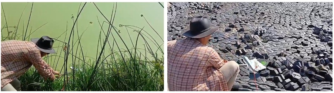 Two photos of a man crouching next to water reclamation ponds