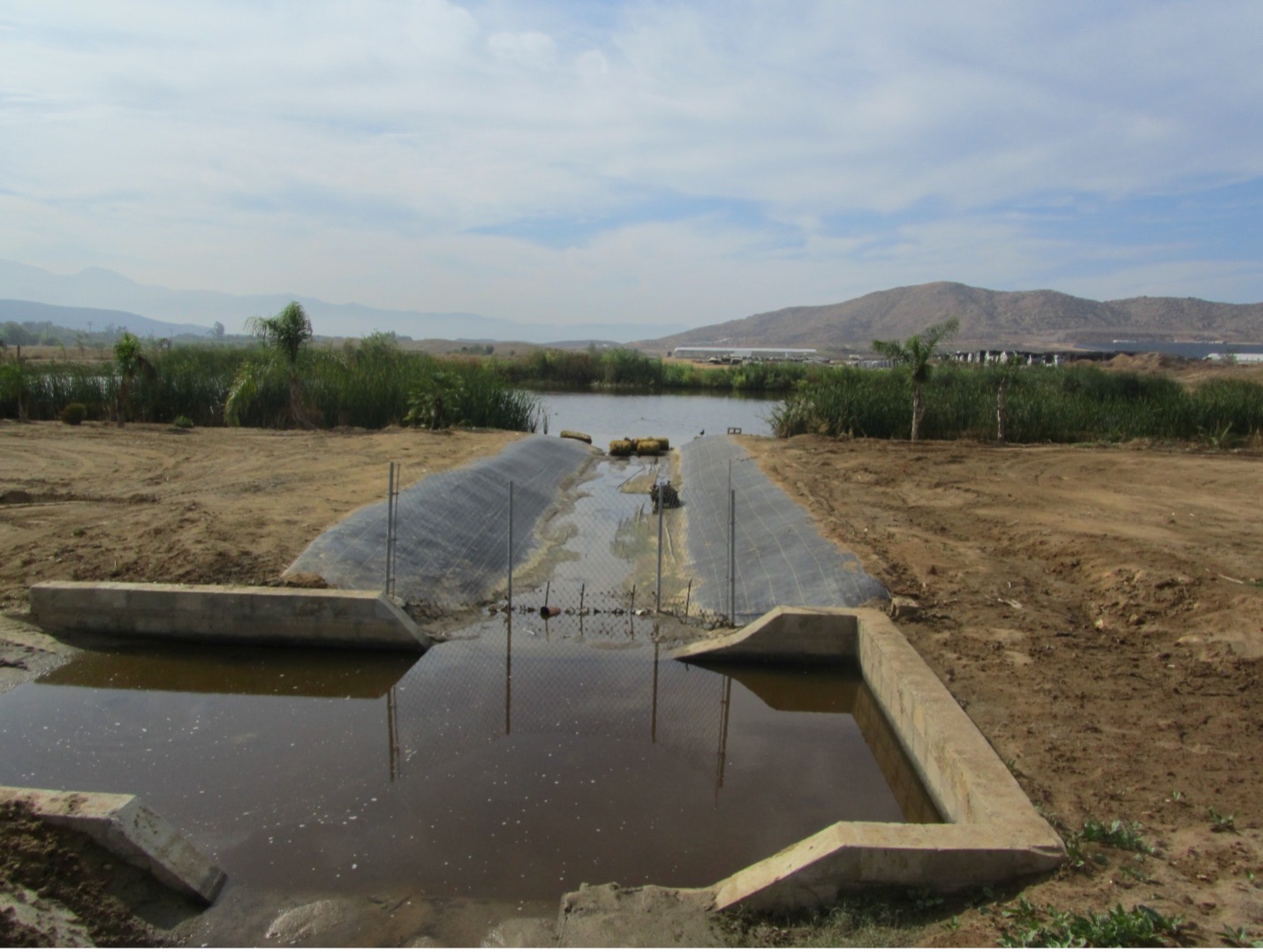 A water channel flowing into remnant pond with sediment trap. 