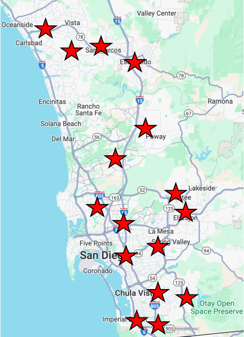 A map of San Diego County with red stars denoting locations where T. parvispinus has been found.