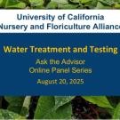 Announcement for Ask the advisor water treatment and testing seminar. Text over background of green leaves. 