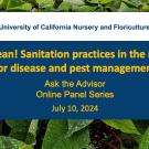 Slide describing Ask the Advisor series Sanitation Practices in nurseries 